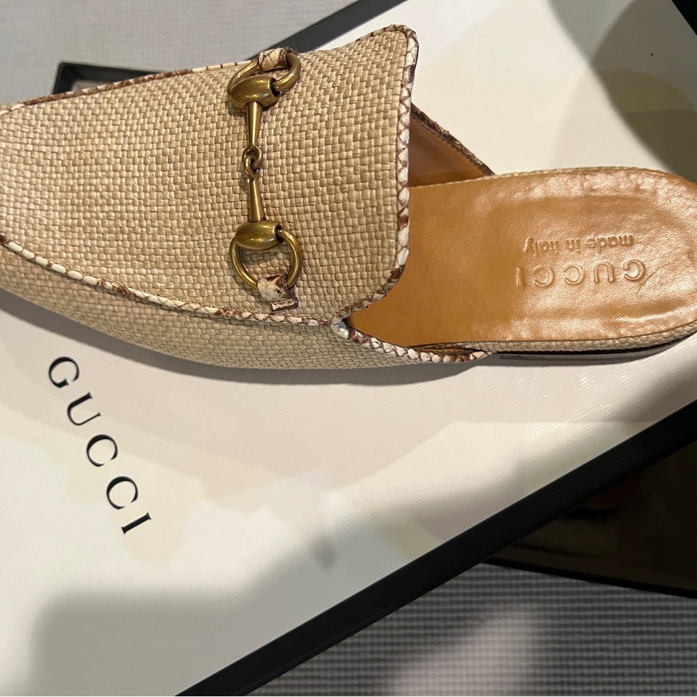Gucci Tan Mules with Gold Horsebit Detail
